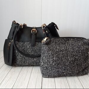 NEW Black Rivet Faux Leather Tweed Purse Set